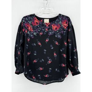 Maeve Anthropologie Black Floral Gardenia Blouse Women's‎ M Boat Neck Boho Work